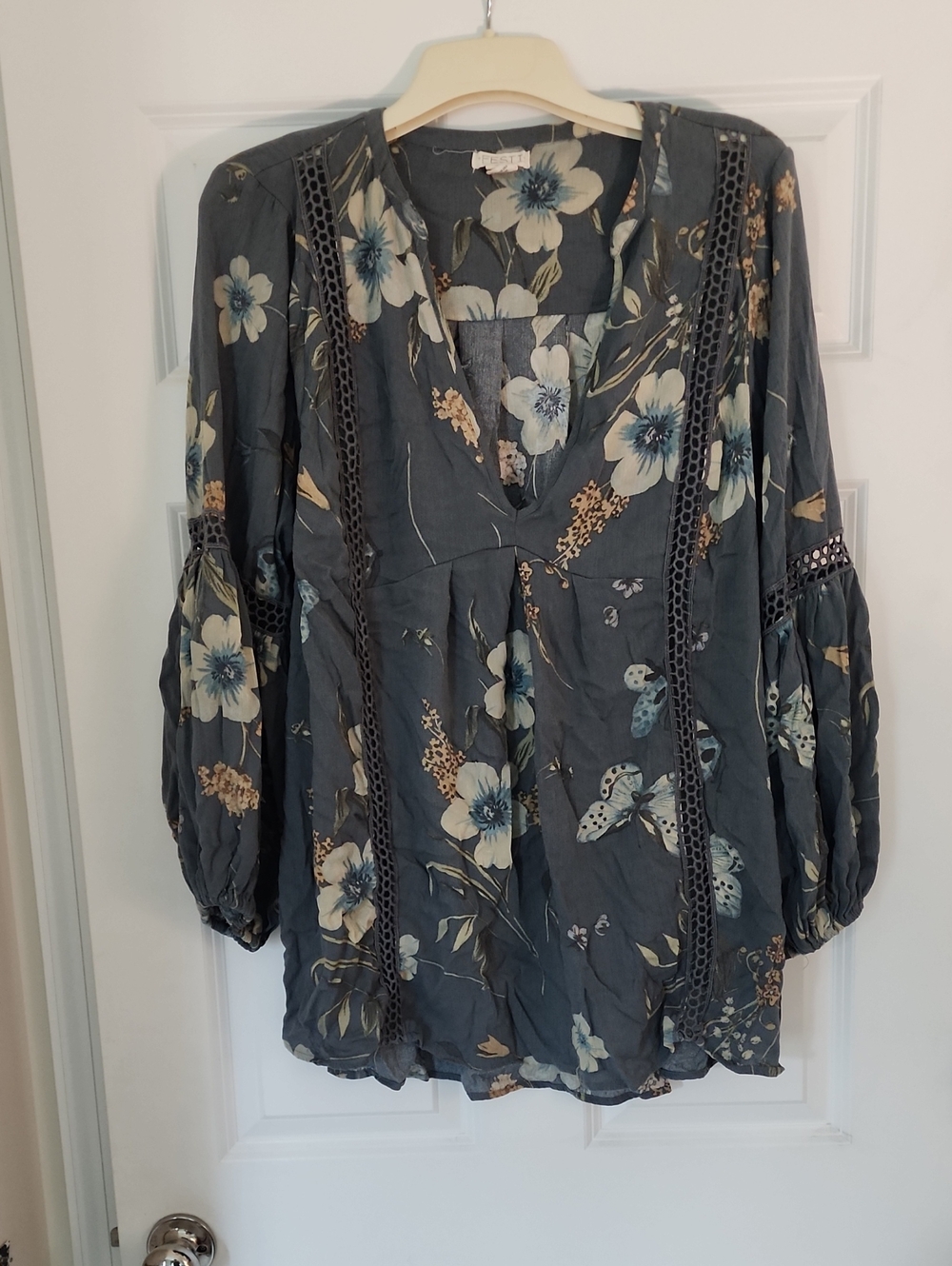 Slate Blue Floral Lace-Trim Tunic Top